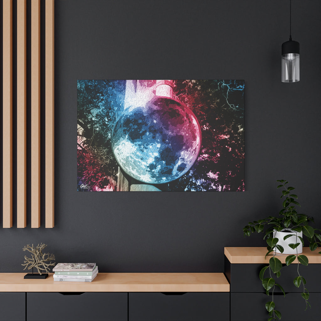 Universe in a Mirror large canvas on a charcoal wall by wood slats, glowing mirrored orb floating in a dreamy pink-blue sky