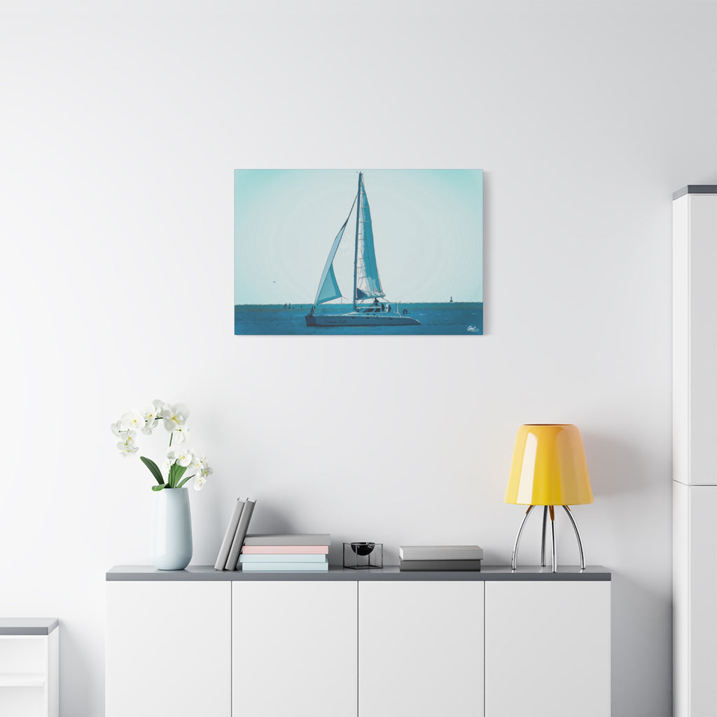 Freedom Sailing small canvas above a white sideboard and yellow lamp, lone sailboat on soft aqua and teal water