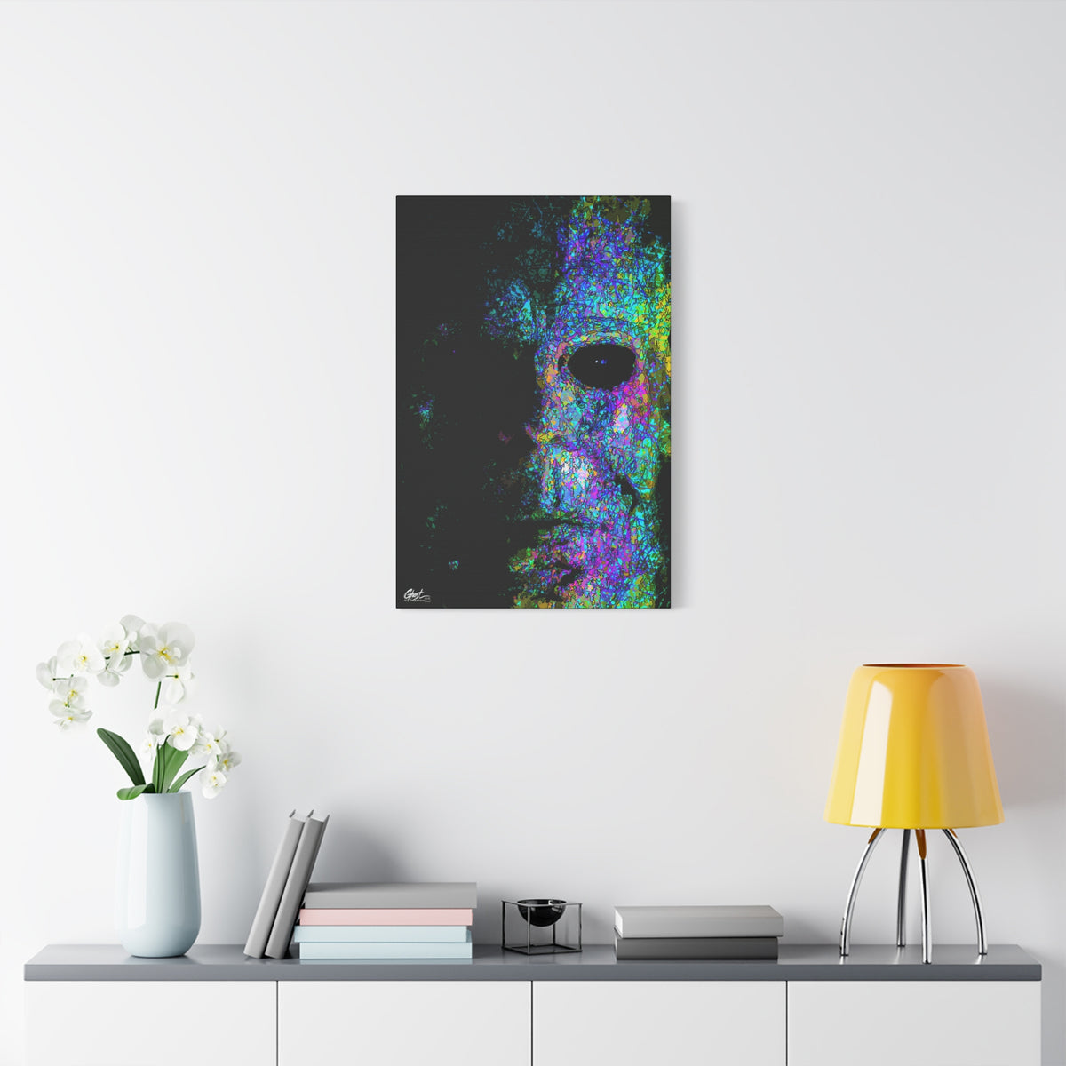 Stalk at Night, Neon Edition large canvas on a white wall above a console, half-shadowed mask in colorful sketch lines