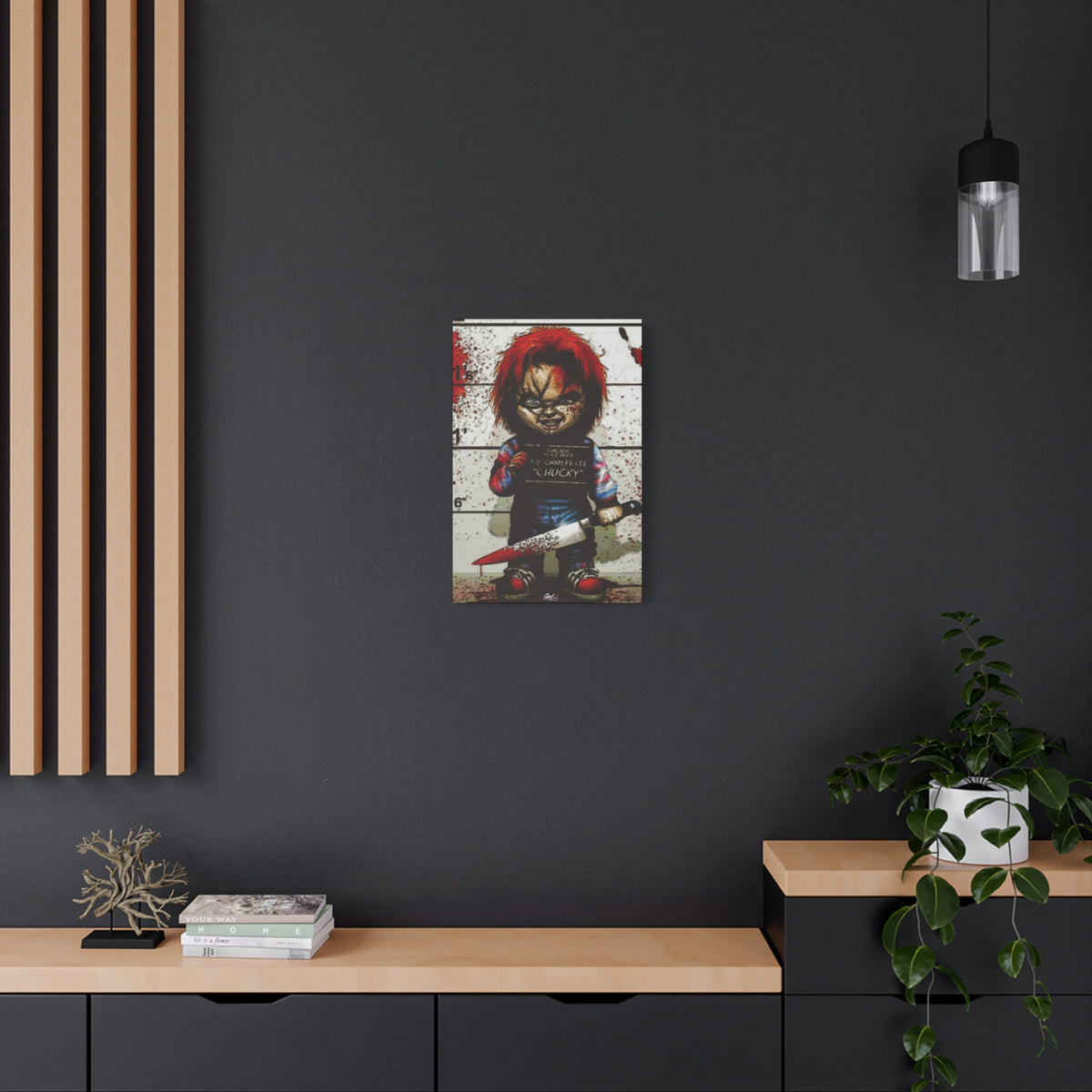 Best Friends Forever small canvas on a charcoal wall over an oak shelf, doll lineup photo splashed with red