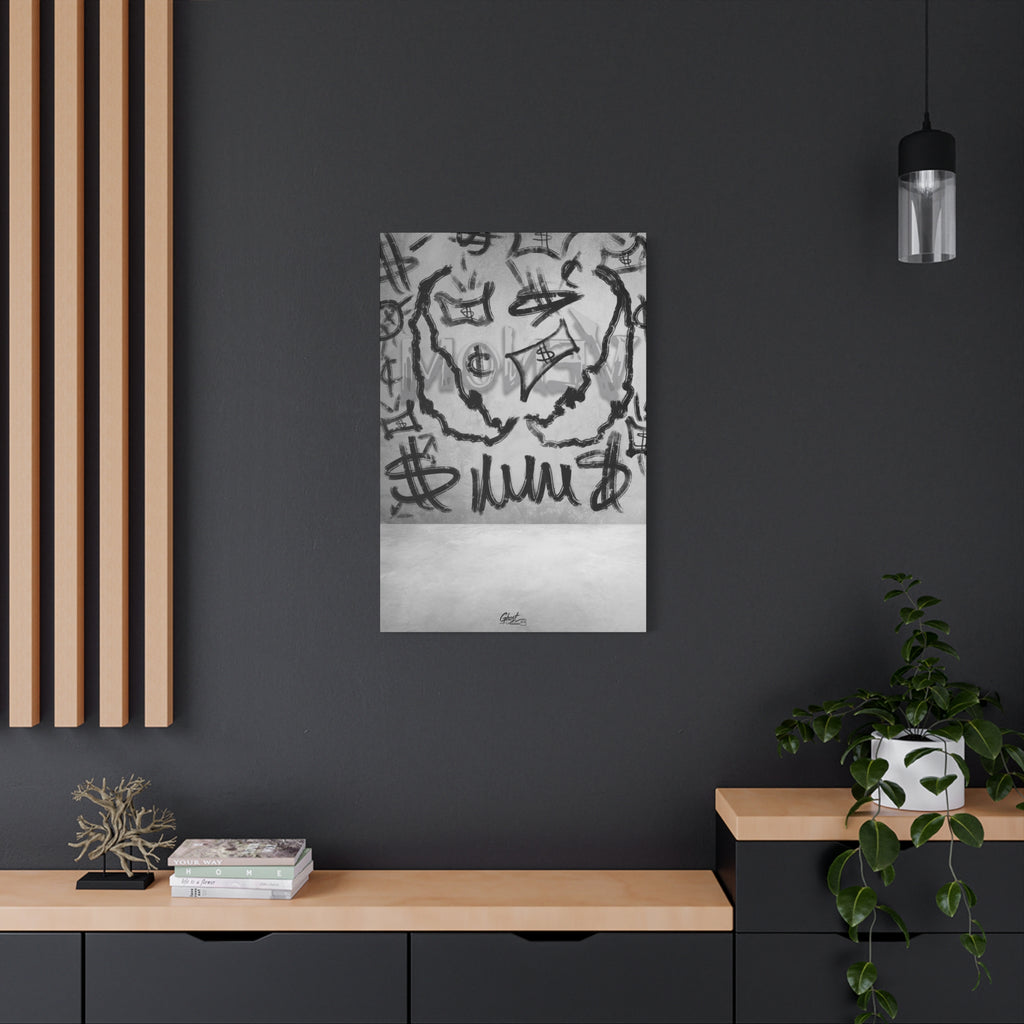 We Are Money canvas on a charcoal wall by wood slats, graffiti-style black marks and tags on a pale base