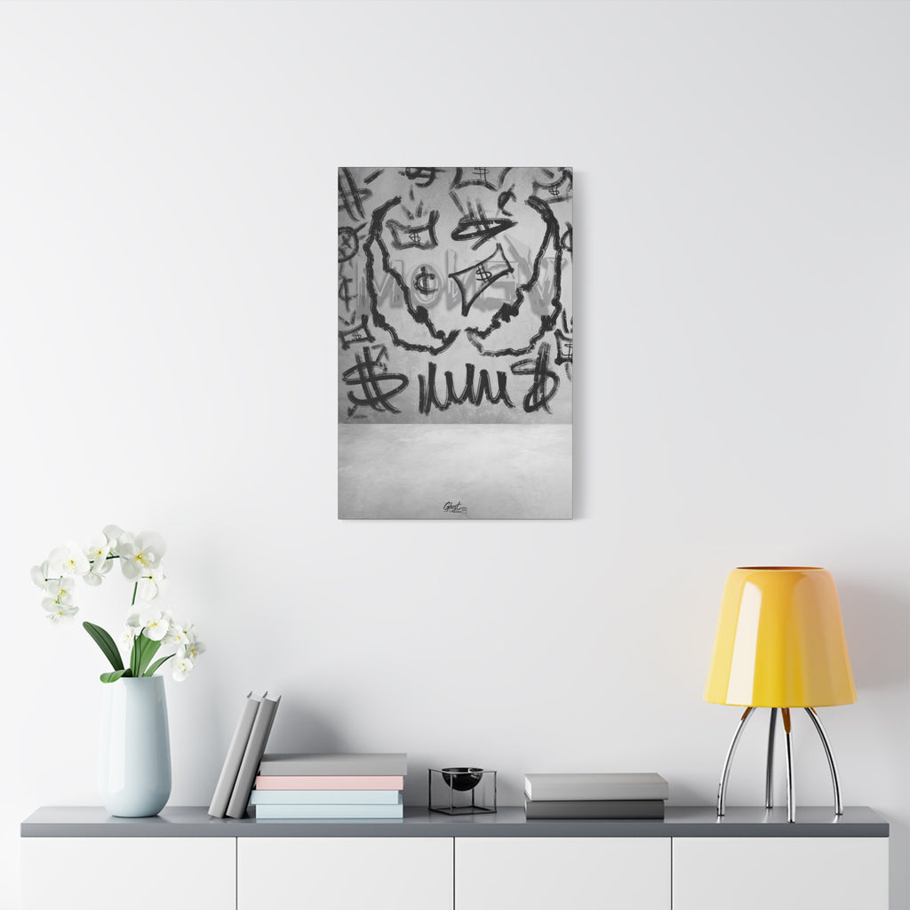 We Are Money large canvas on a white wall above a console, black-and-white urban abstract brushwork