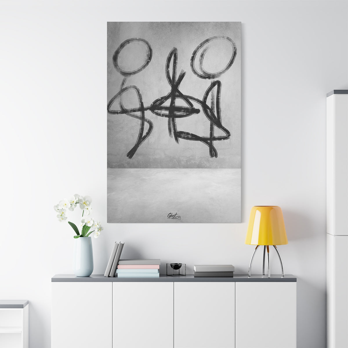Infinity oversized canvas on a white wall over a sideboard, gestural charcoal-style abstract figures