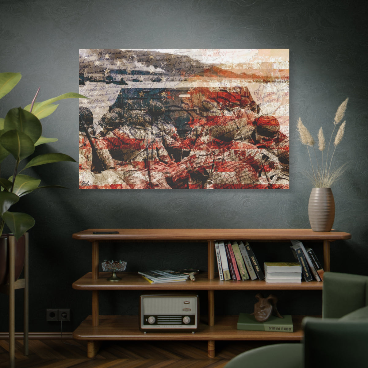D-Day 75th Anniversary oversized canvas above a wooden bookshelf, soldiers in a landing craft layered with stars and stripes