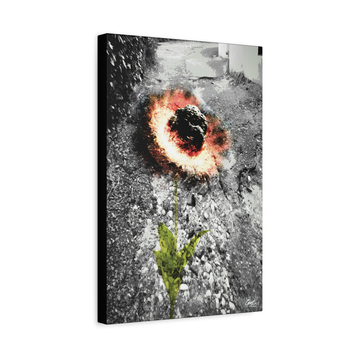 Meteor Flower canvas, angled view of the gallery-wrapped edge: pothole crater ringed in orange, red and yellow like a flower