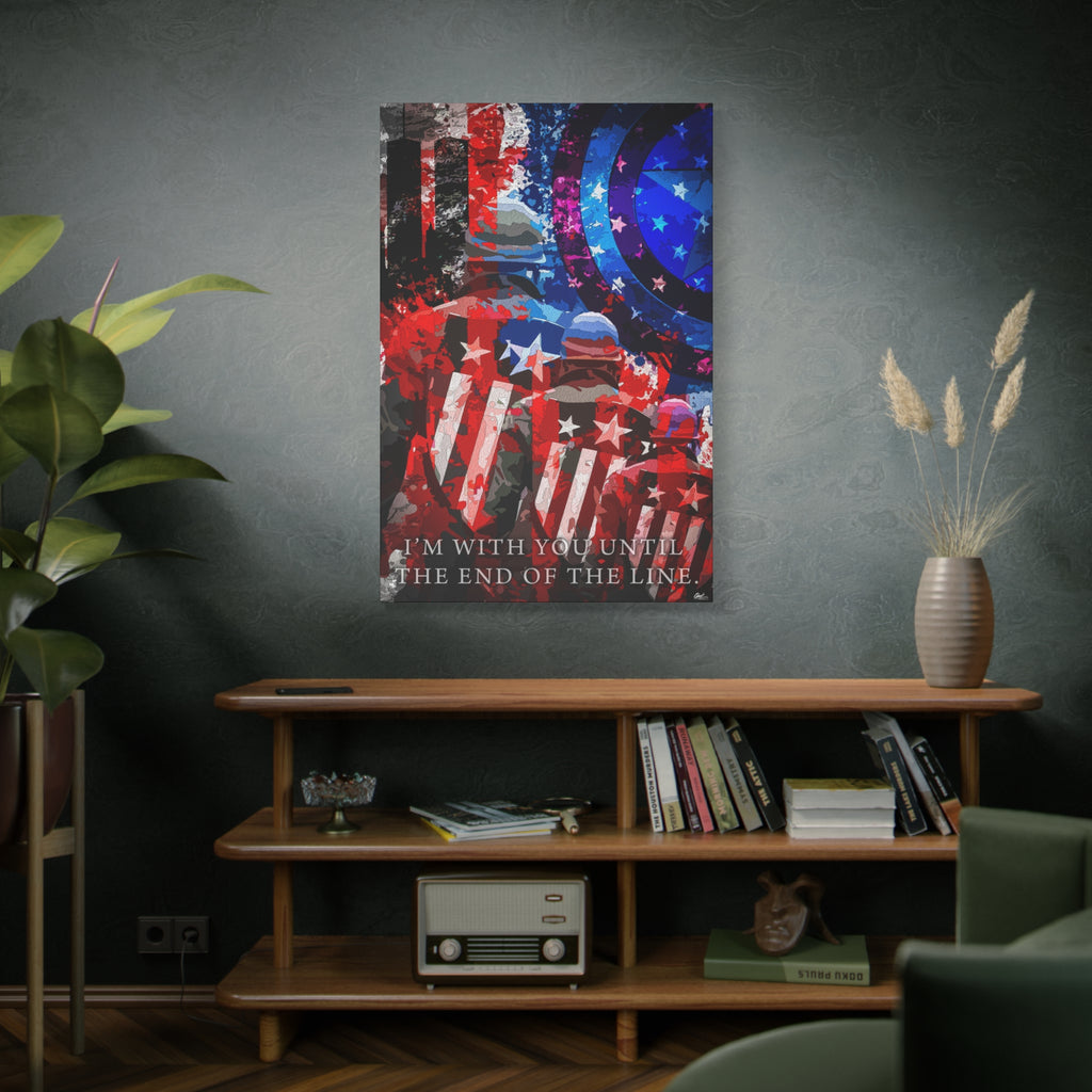 9/11 Never Forget large canvas above a wooden bookshelf, three figures with stars-and-stripes shields facing the Twin Towers