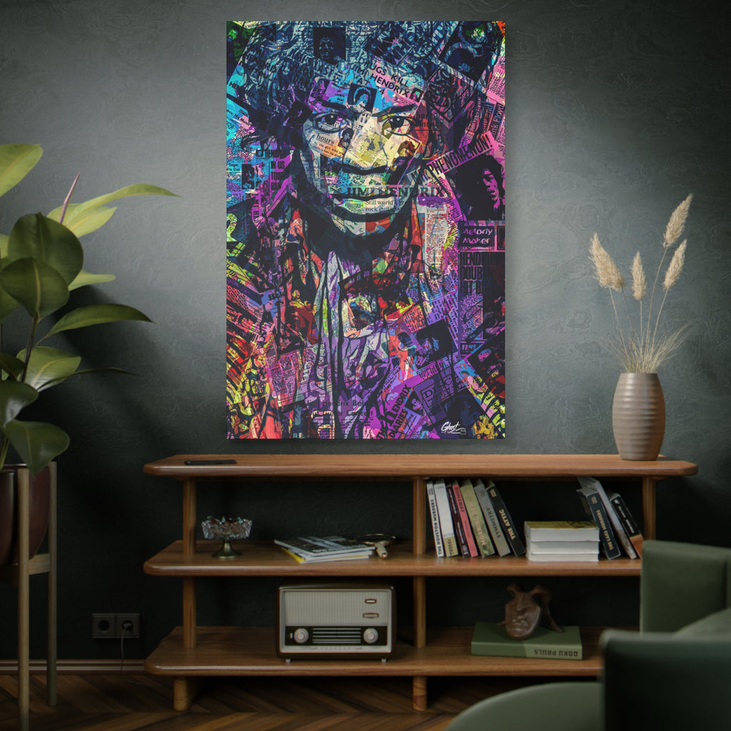 Purple Voodoo oversized canvas above a wooden bookshelf, haloed face in a blue, purple and pink newspaper collage