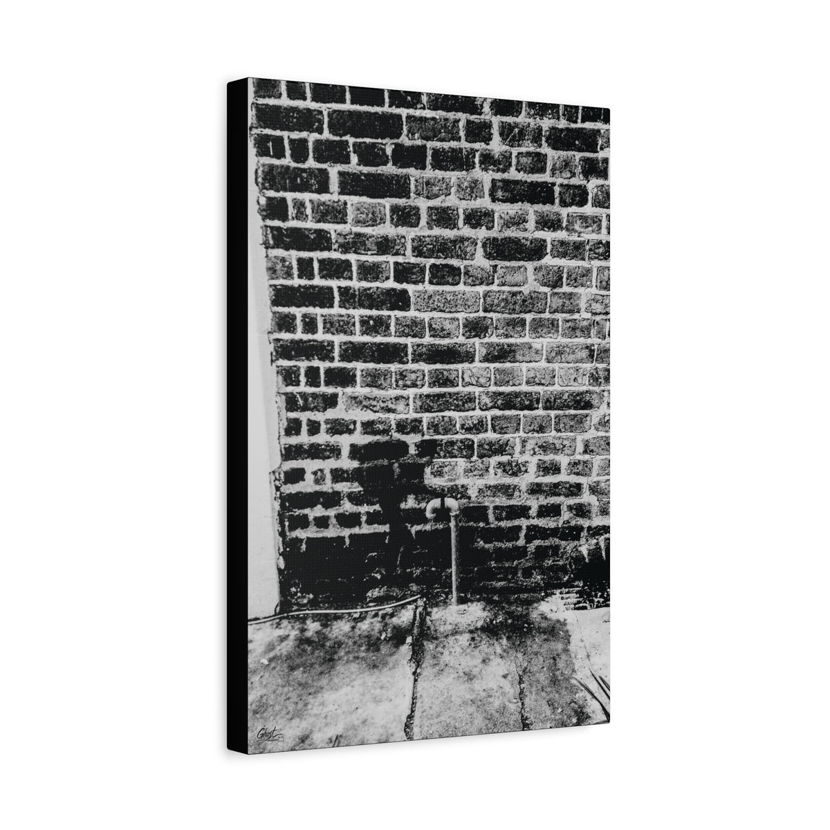 A Little Hiking in Charleston canvas, angled side view: stenciled hiker on a weathered brick wall in black and white