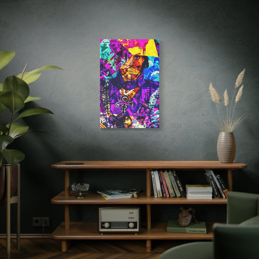 The Symbol large canvas above a wooden bookshelf, portrait in a yellow hat over a purple and teal magazine collage