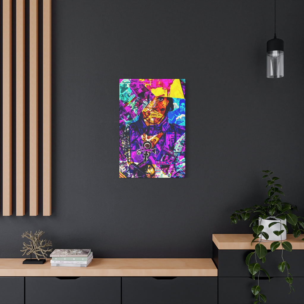 The Symbol canvas on a charcoal wall over an oak shelf, portrait in a yellow hat over a purple and teal magazine collage