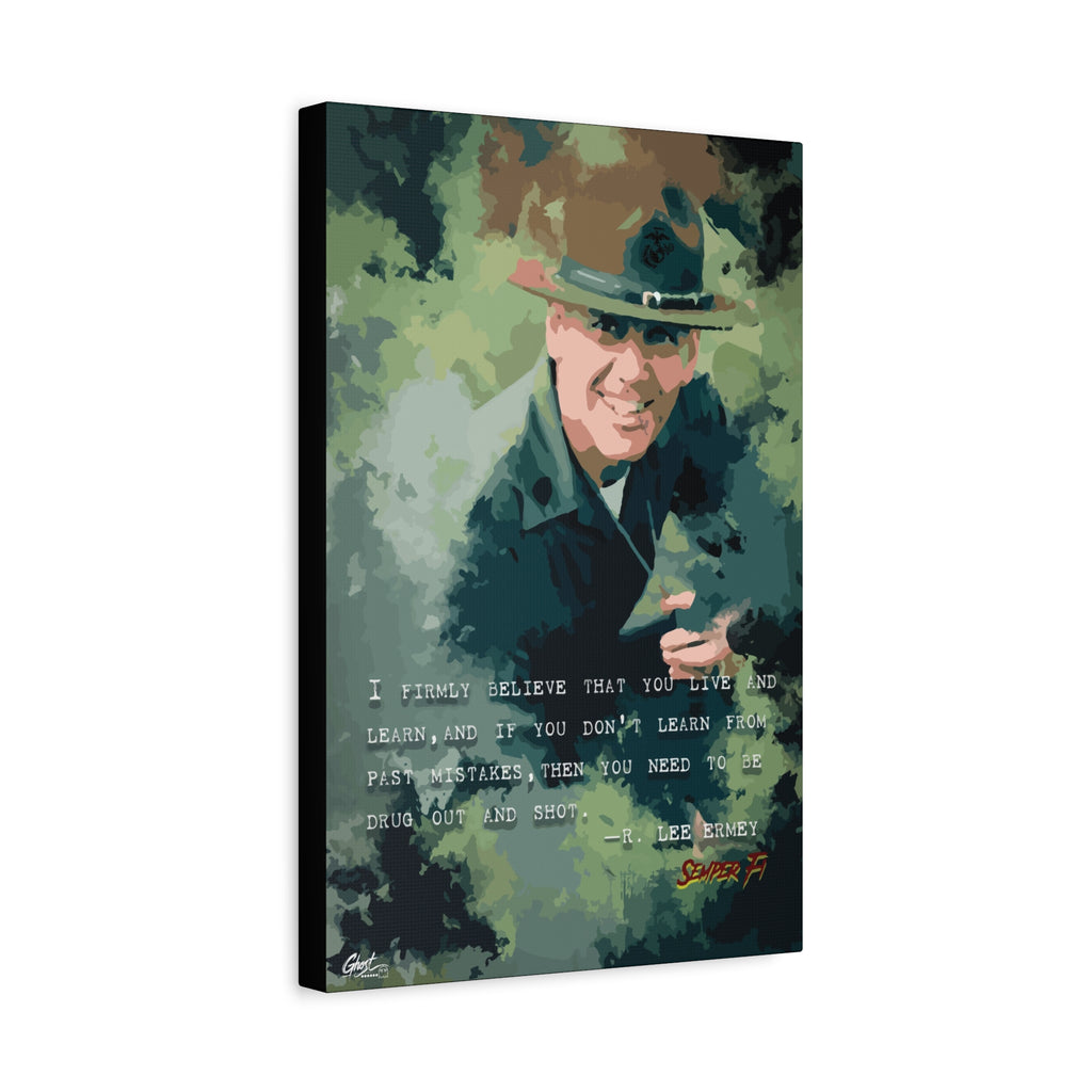 Live and Learn canvas, angled view of the gallery-wrapped edge: grinning drill instructor in olive and forest green