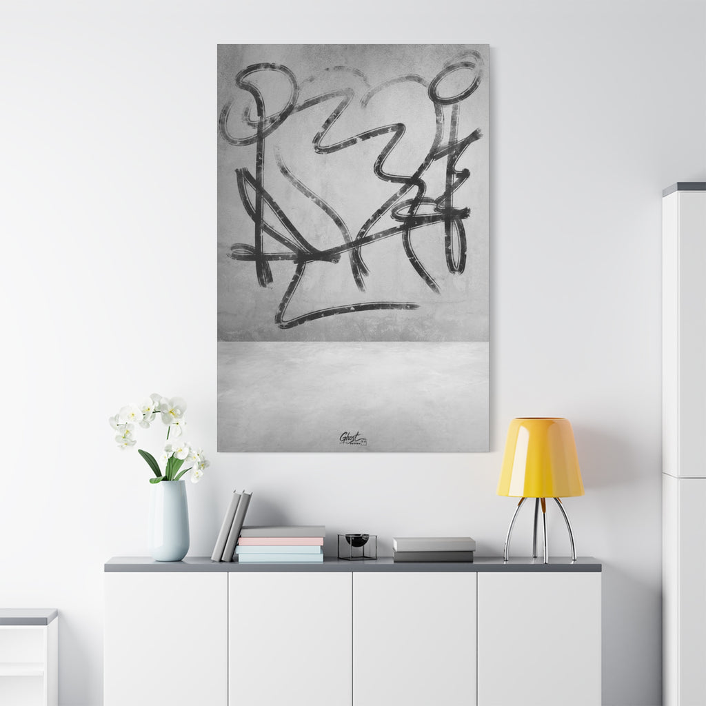 Heartbreak oversized canvas on a white wall over a sideboard, minimal black-and-white abstract line art