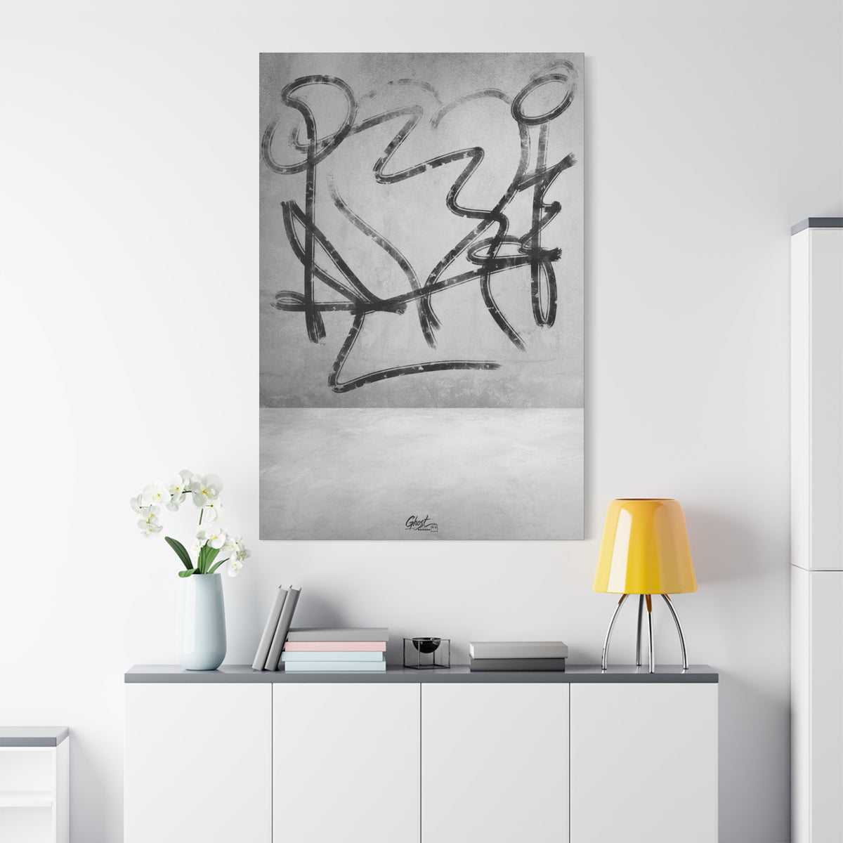 Heartbreak oversized canvas on a white wall over a sideboard, minimal black-and-white abstract line art