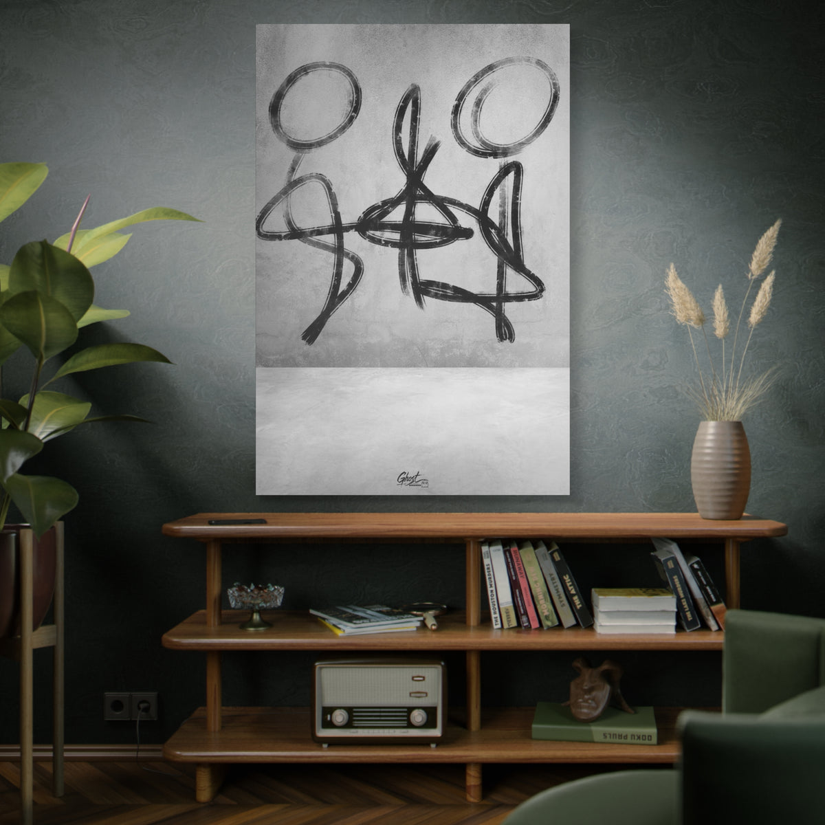 Infinity oversized canvas on a green-gray wall over bookshelves, gestural charcoal-style abstract figures