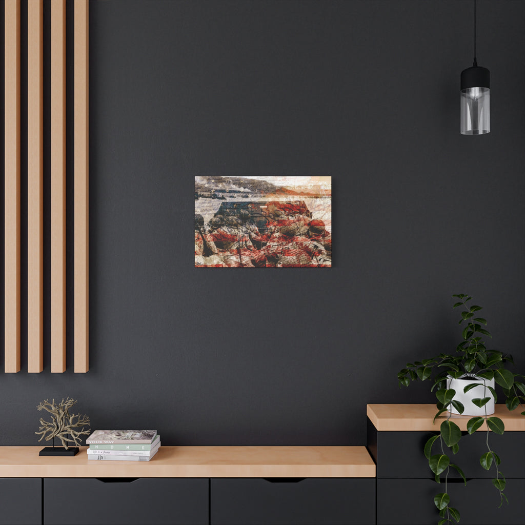 D-Day 75th Anniversary canvas on a charcoal wall over an oak shelf, June 6, 1944 tribute in warm, faded red, white and blue