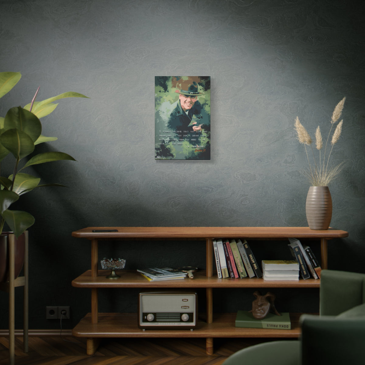 Live and Learn medium canvas above a wooden bookshelf, painterly drill instructor portrait in camo greens