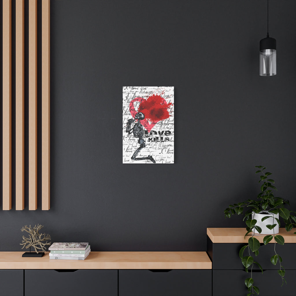 Love Kills medium canvas on a charcoal wall over an oak shelf, black linework skeleton with red splatter heart