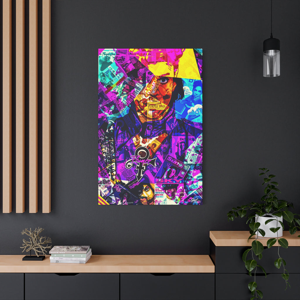 The Symbol large canvas on a charcoal wall over an oak shelf, vibrant collage portrait in magenta and gold