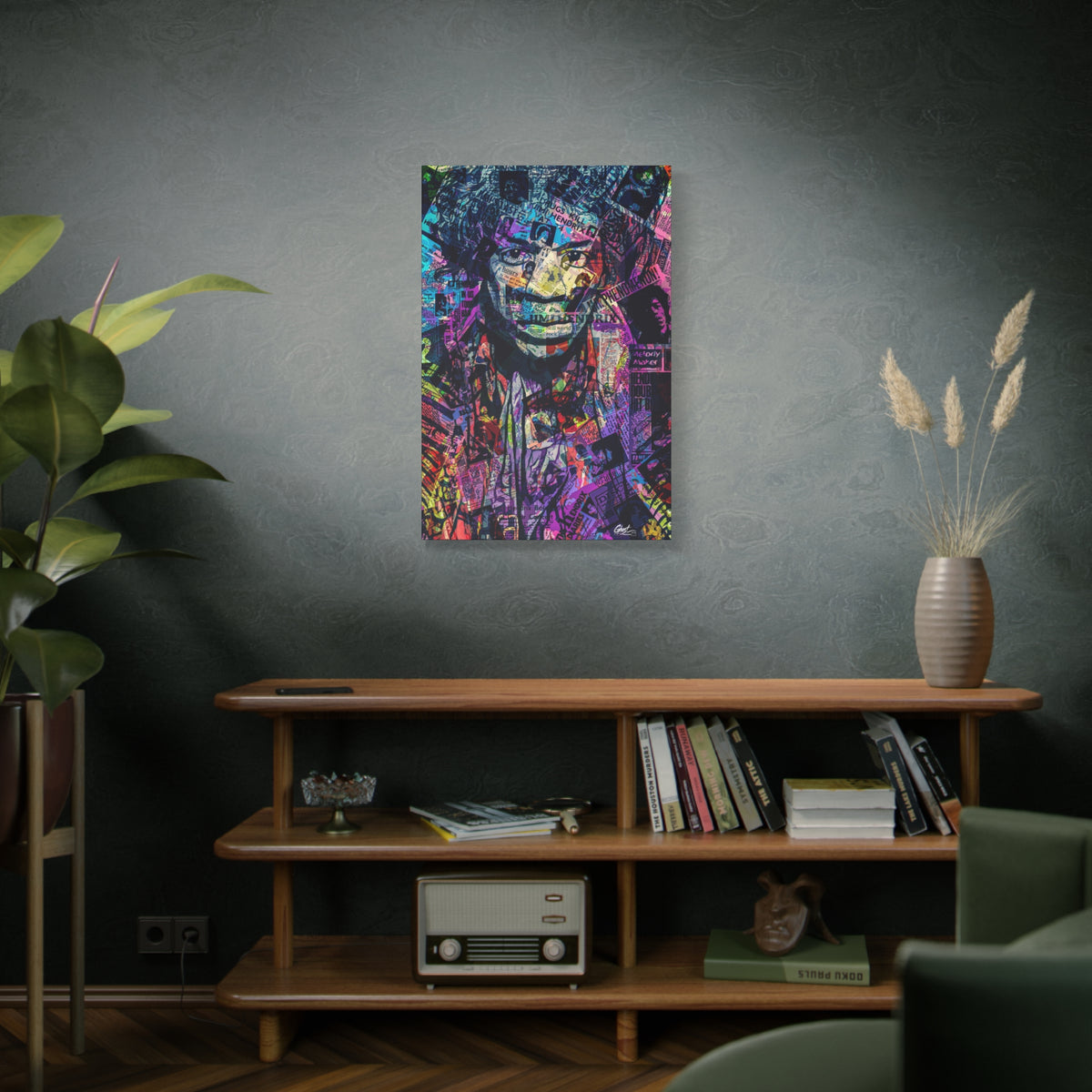 Purple Voodoo large canvas above a wooden bookshelf, haloed face in a blue, purple and pink newspaper collage