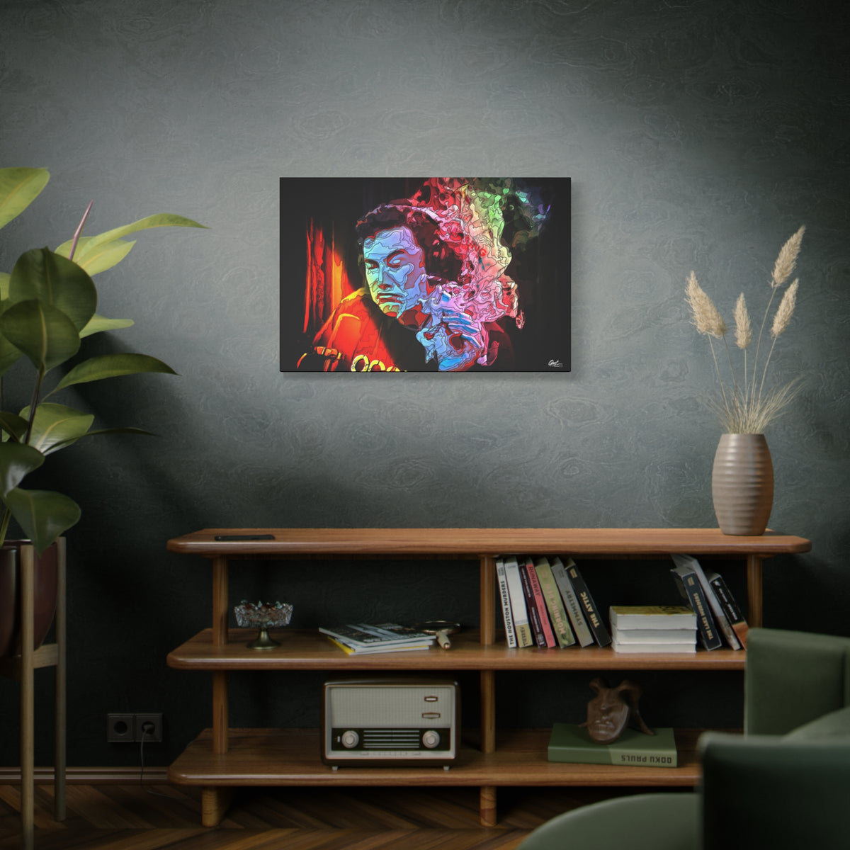 Launch Window large canvas above a wooden bookshelf, ice-blue portrait with an eruption of psychedelic smoke