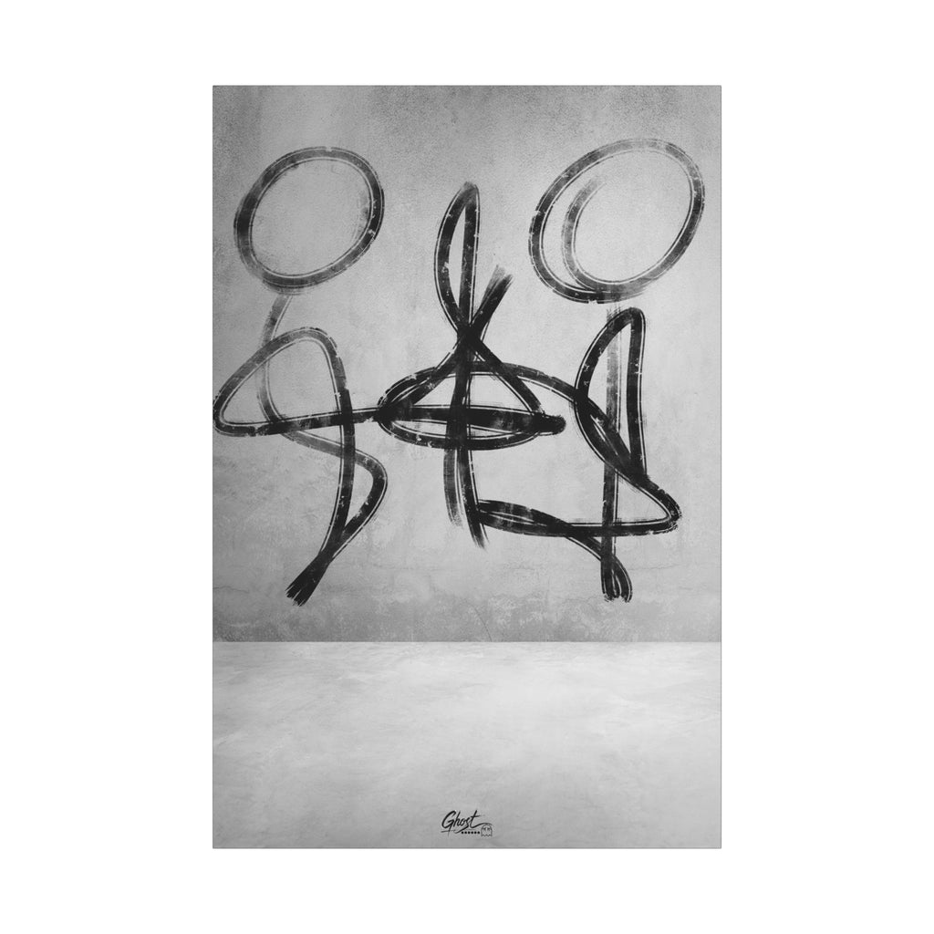 Infinity canvas print, front view: looping black-and-white brushstroke figures in balance