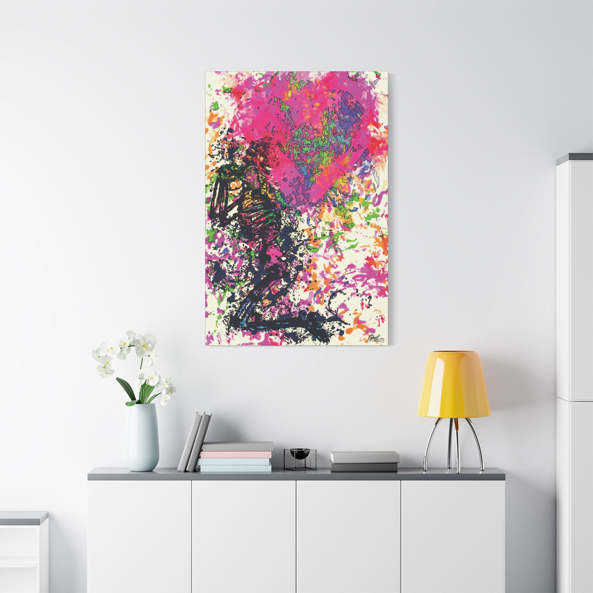 Waiting on My Love canvas above a white sideboard and yellow lamp, magenta and black splatter heart with a kneeling figure