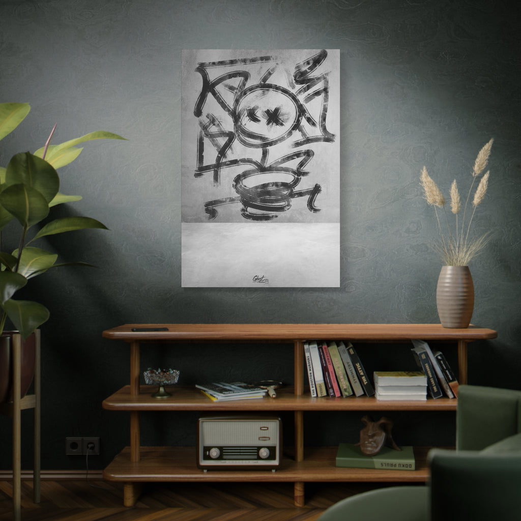 Going Crazy large canvas above a wooden bookshelf, loose black marks circling a central form above a small cup shape