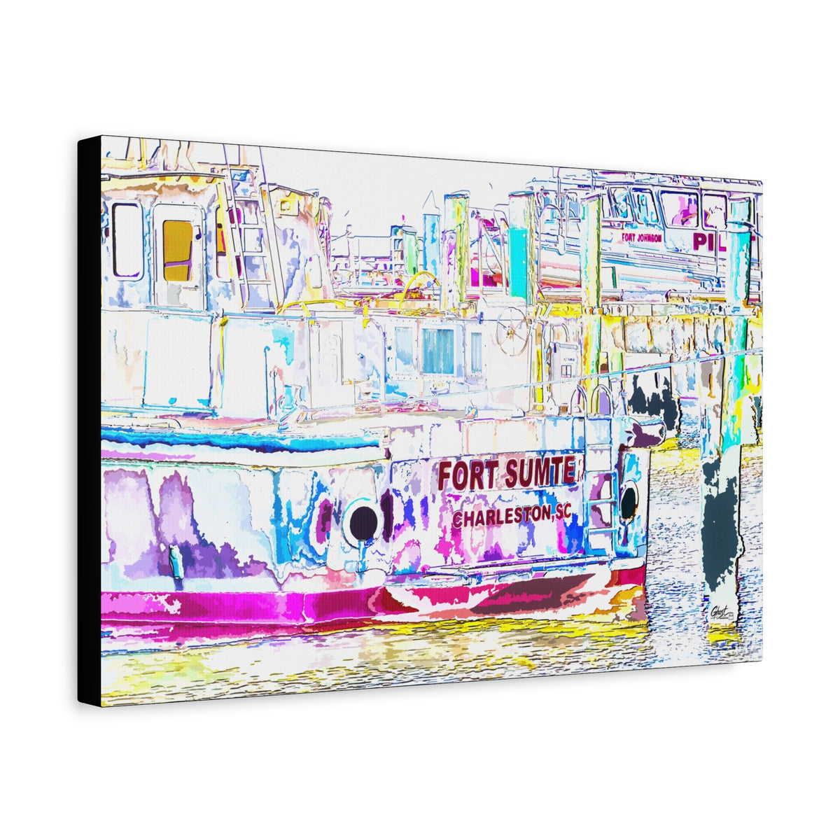 Fort Sumter Retro canvas, angled view of the gallery-wrapped edge: harbor boat in bright retro pinks, blues and yellows