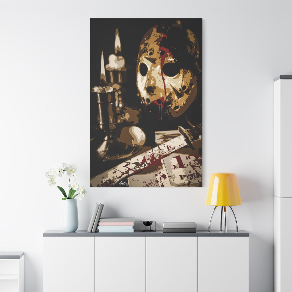Off the Clock large canvas above a white sideboard and yellow lamp, sepia horror still life by candlelight