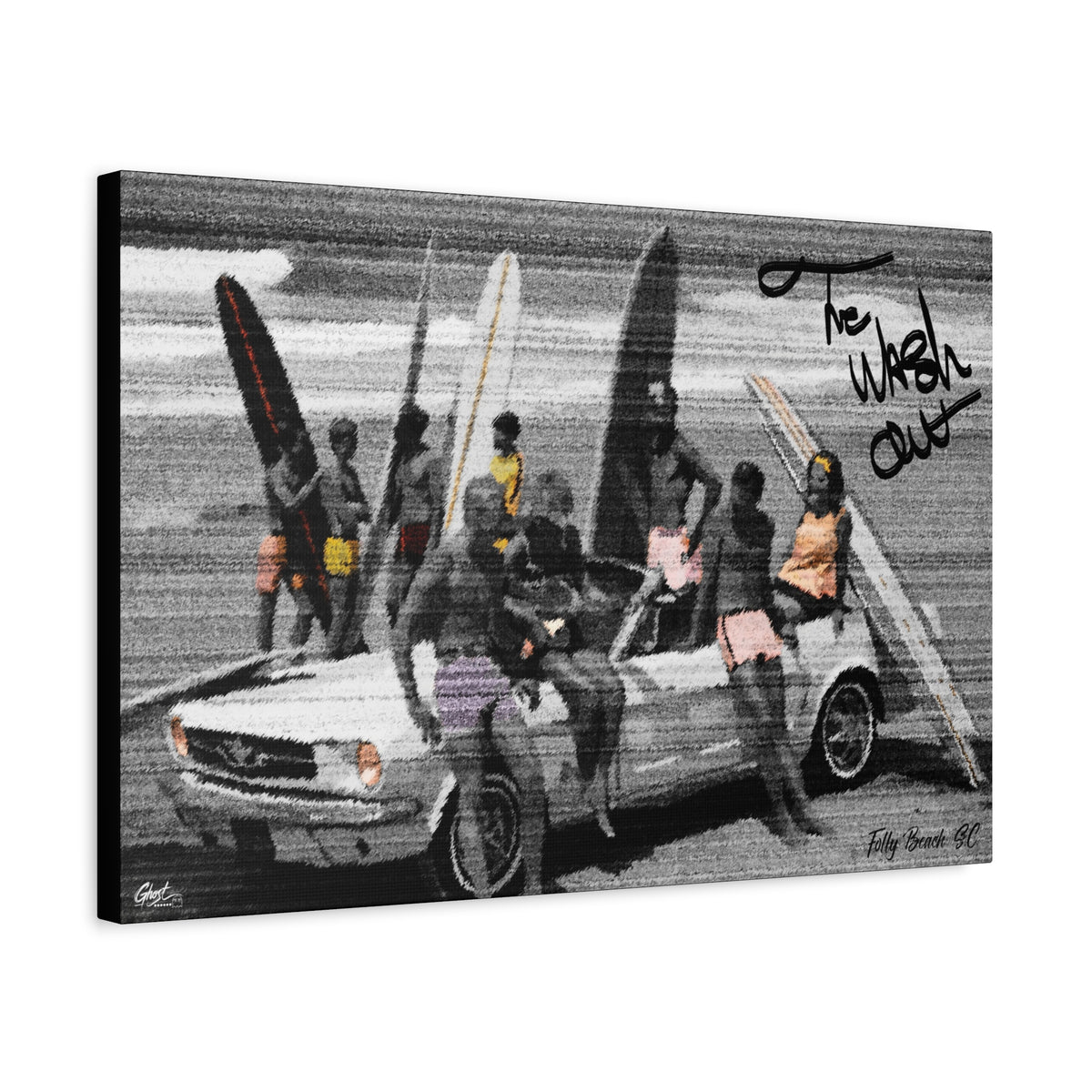 The Wash Out canvas, angled side view: friends with surfboards piled on a vintage convertible, black and white