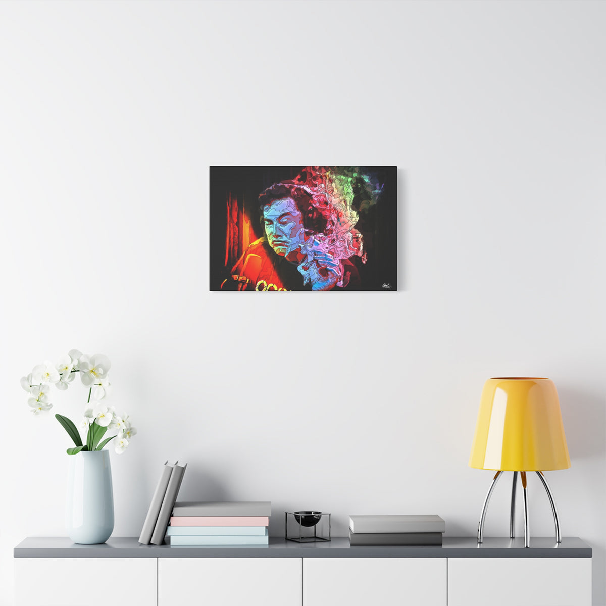 Launch Window medium canvas over a console with white flowers, ice-blue portrait with an eruption of psychedelic smoke