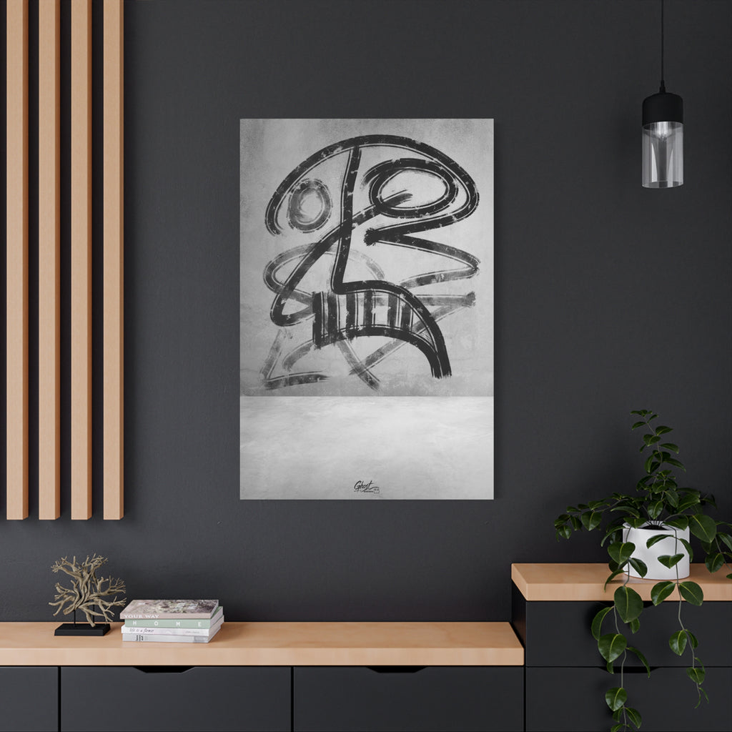 The Mask large canvas on a charcoal wall by wood slats, bold black brushstroke mask-like figure on a gray field
