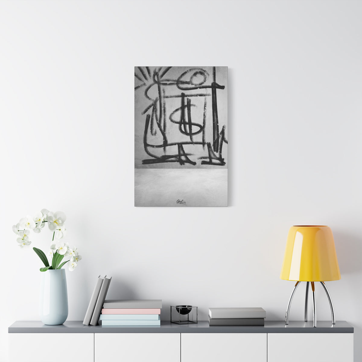 Best Day Ever large canvas on a white wall above a console, expressive black-and-white abstract line art