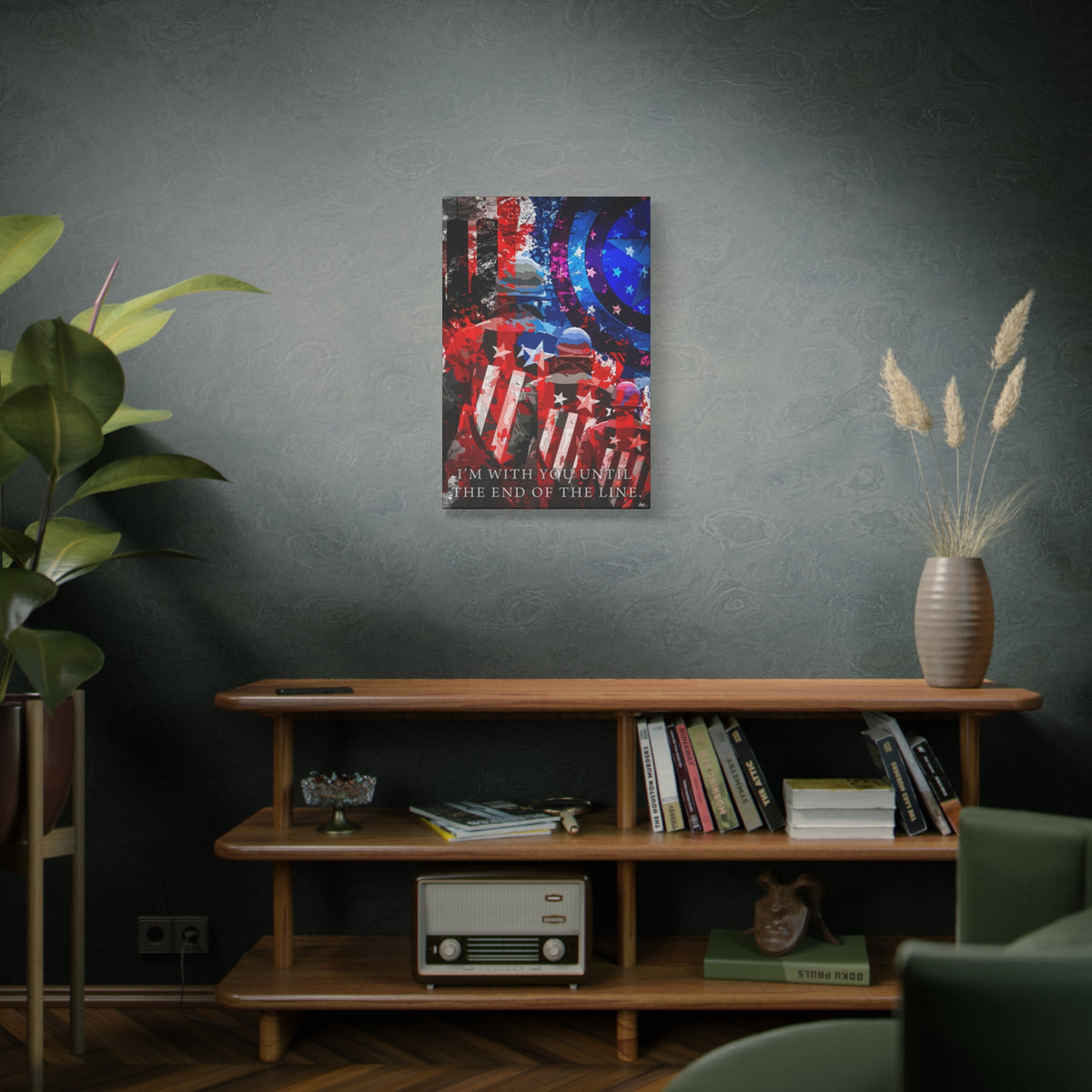 9/11 Never Forget medium canvas above a wooden bookshelf, patriotic tribute in red, white, blue and smoke gray