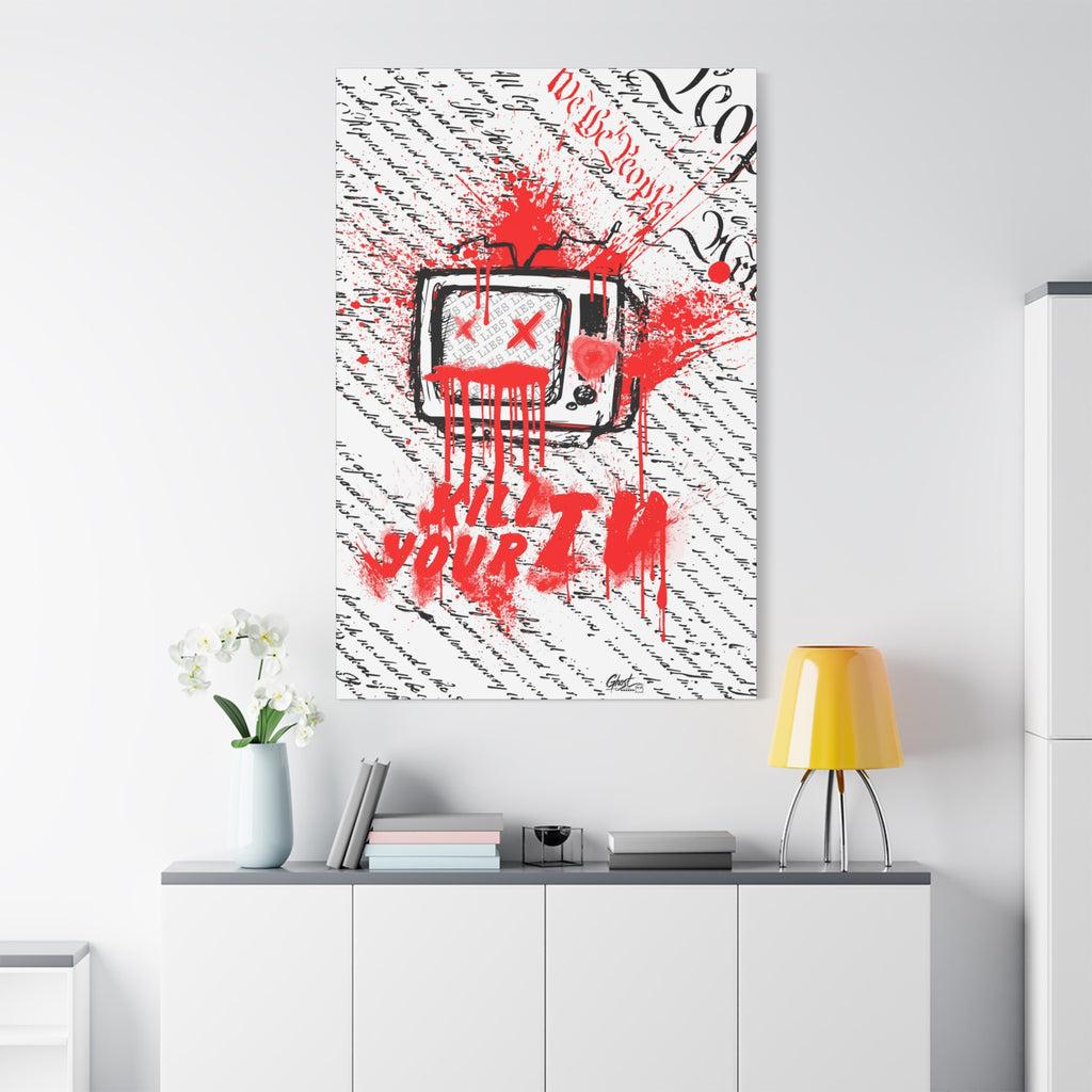 Kill Your TV large canvas on a white wall over a sideboard, vintage TV sketch splashed with dripping red
