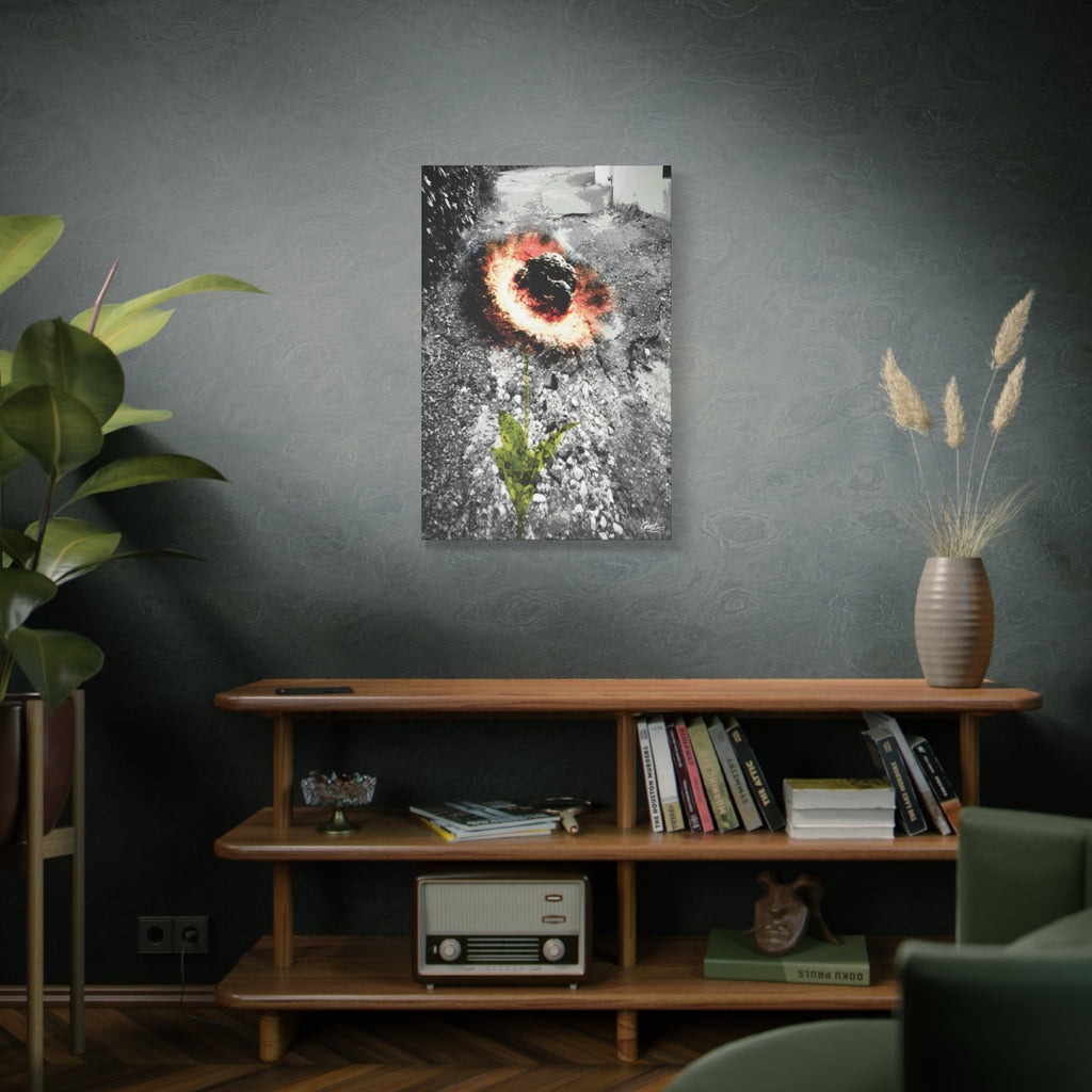Meteor Flower canvas on a green-gray wall over bookshelves, pothole crater ringed in orange, red and yellow like a flower