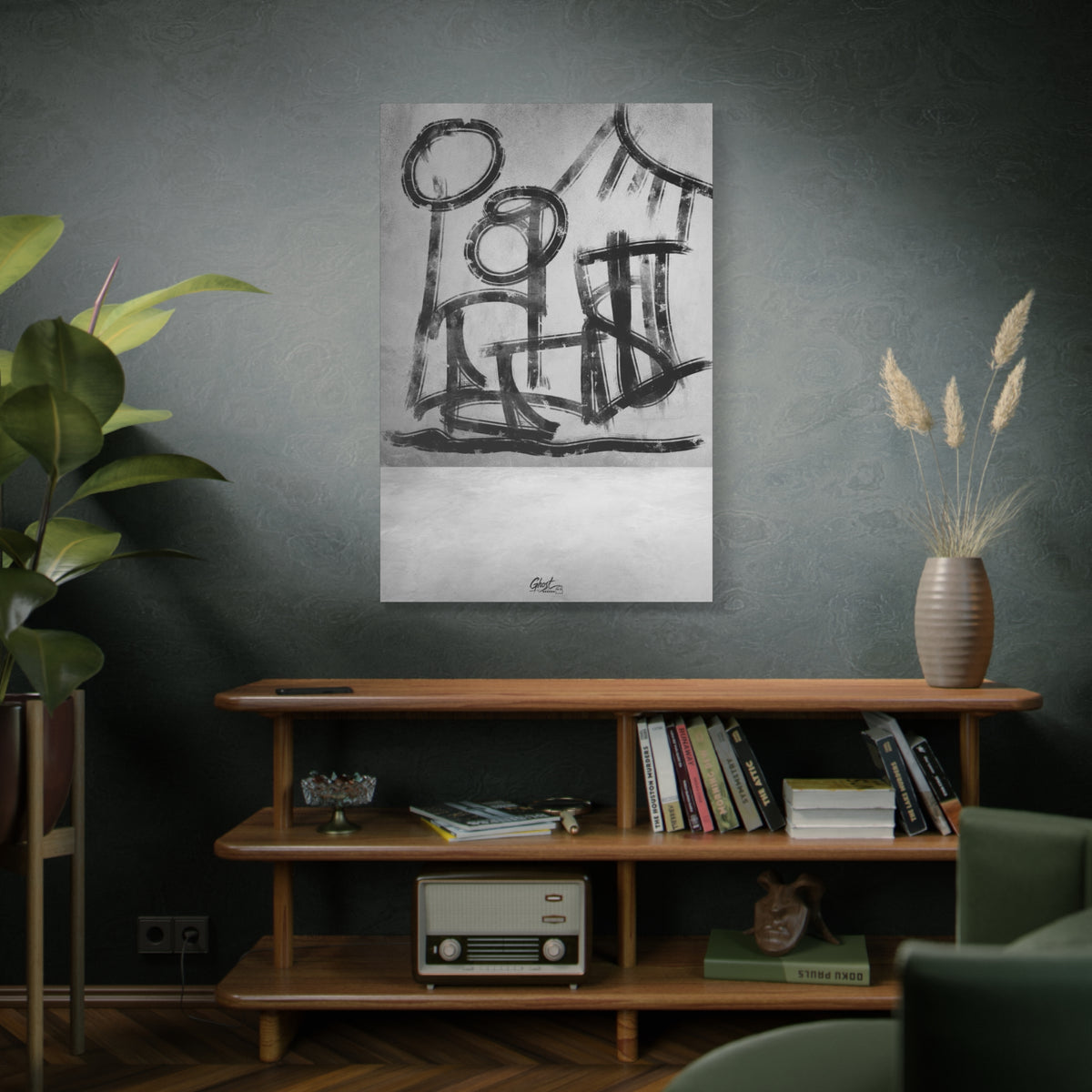 The Question large canvas above a wooden bookshelf, hand-brushed black arcs reading as figures and a horizon