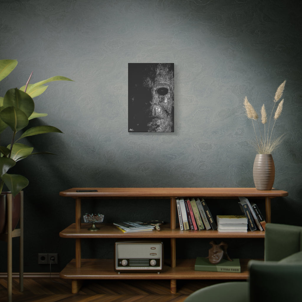 Stalk at Night medium canvas above a wooden bookshelf, scratchy pen-and-ink mask emerging from darkness