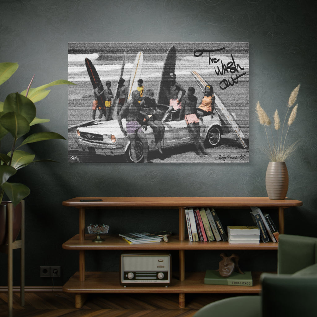 The Wash Out large canvas above a wooden bookshelf, friends with surfboards piled on a vintage convertible, black and white