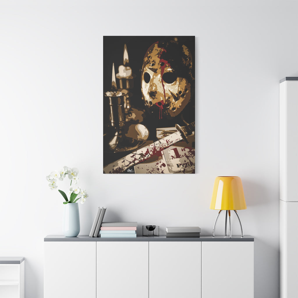 Off the Clock large canvas on a white wall over a sideboard, sepia horror still life by candlelight