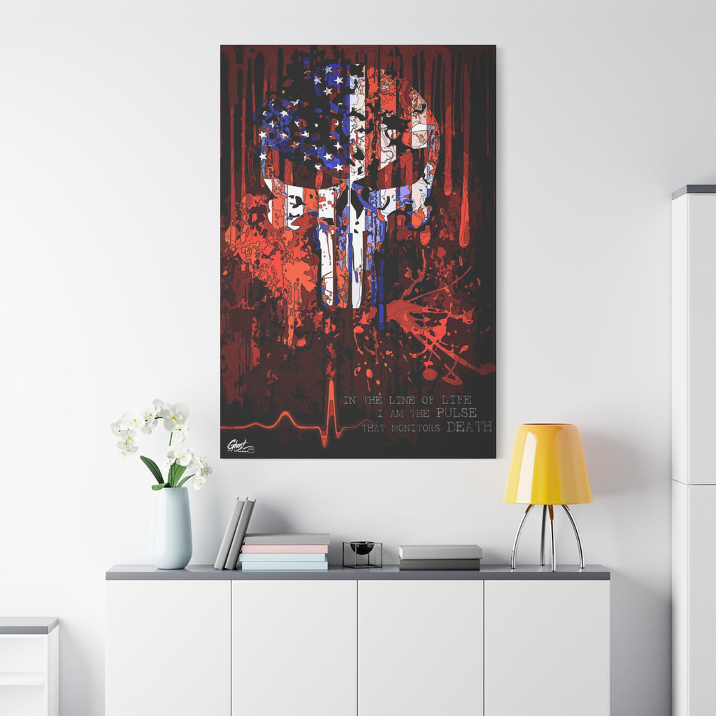 The Vigilante large canvas above a white sideboard and yellow lamp, red, white and blue flag skull on black