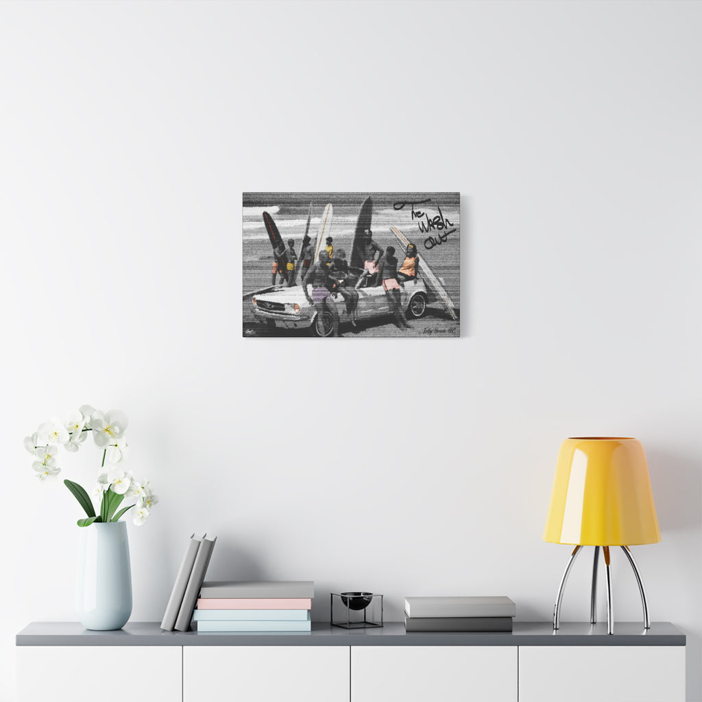 The Wash Out medium canvas over a console with white flowers, grainy beach-day photo with a surfboard-loaded convertible