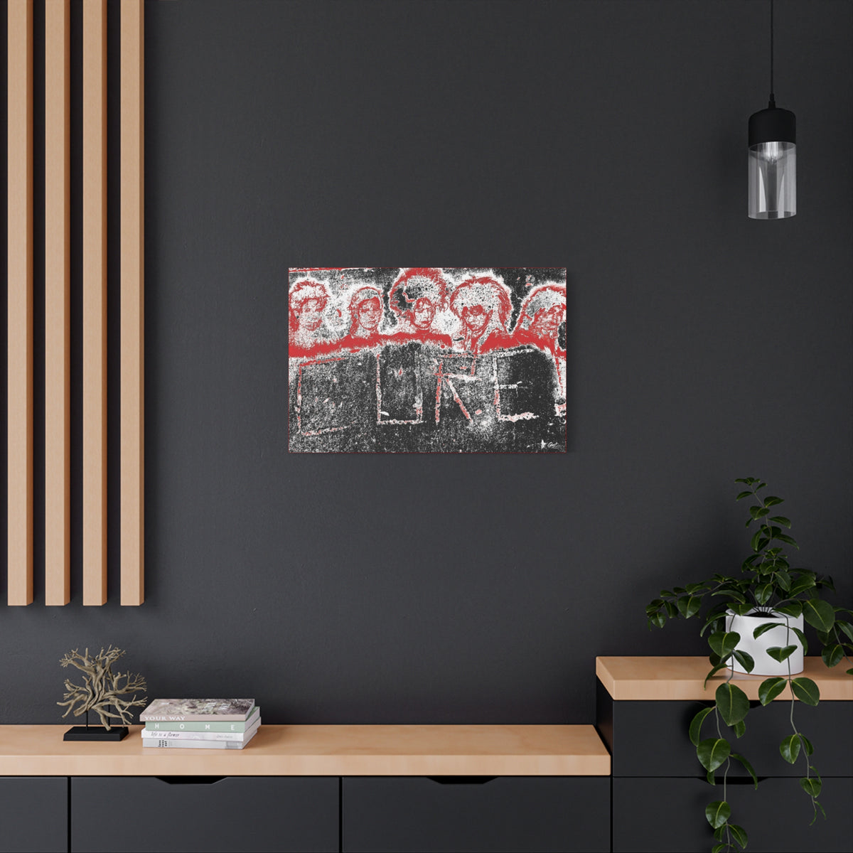Lowcountry Medicine medium canvas on a charcoal wall by wood slats, distressed red, black and white grunge lettering on concrete