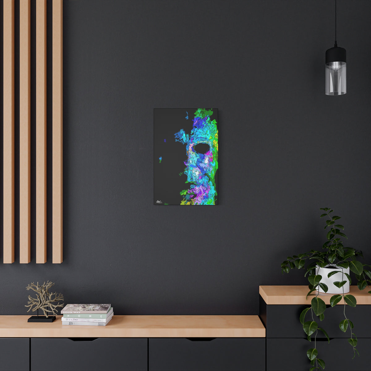 Stalk at Night, Prism Edition small canvas on a charcoal wall over an oak shelf, neon triangle-shard mask