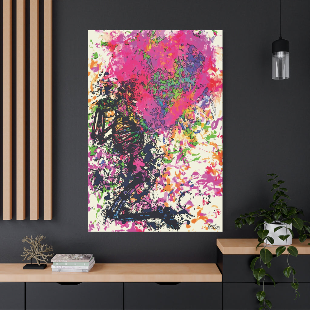 Waiting on My Love oversized canvas on a charcoal wall by wood slats, kneeling skeletal figure under a fuchsia splatter heart