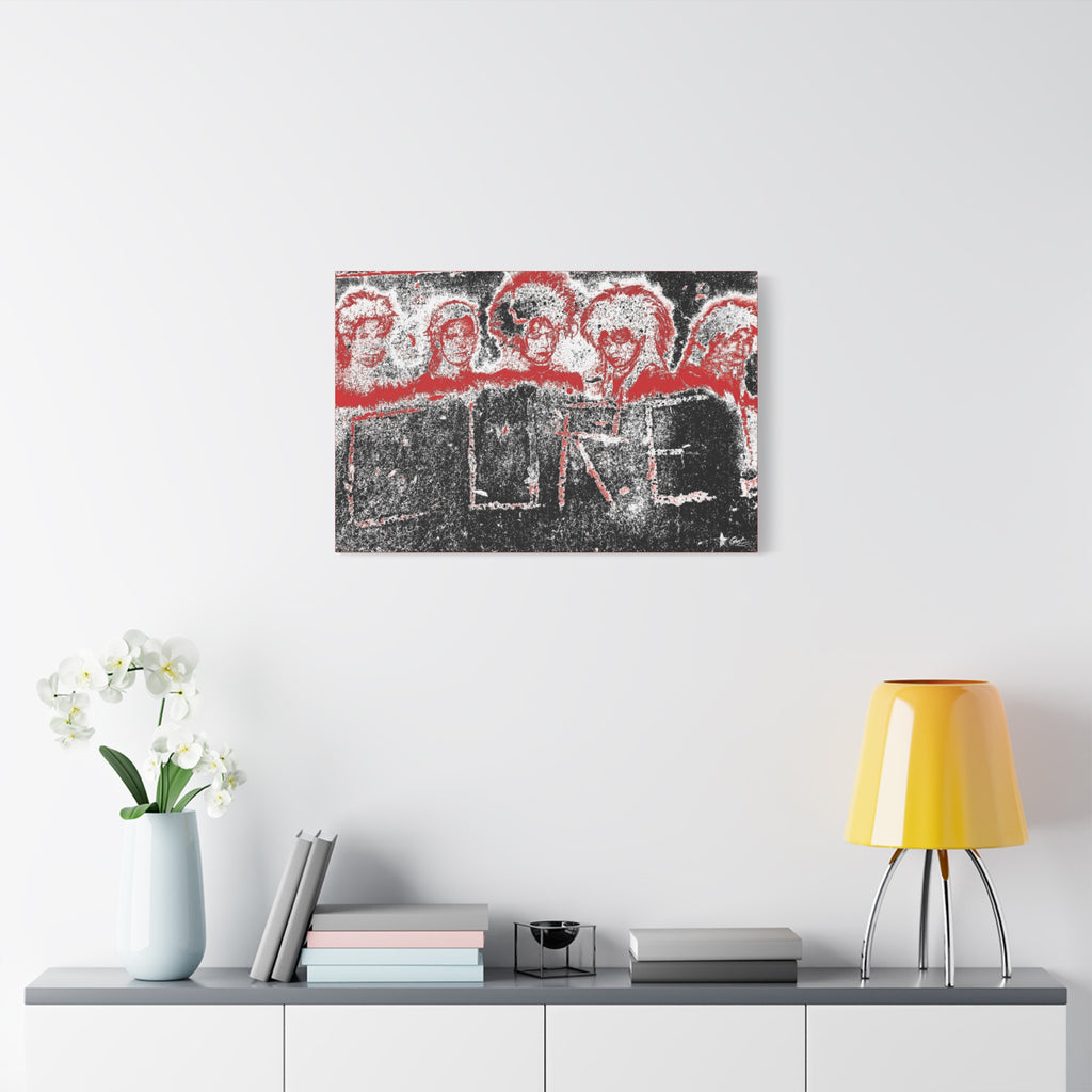 Lowcountry Medicine oversized canvas on a white wall above a console, distressed red, black and white grunge lettering on concrete