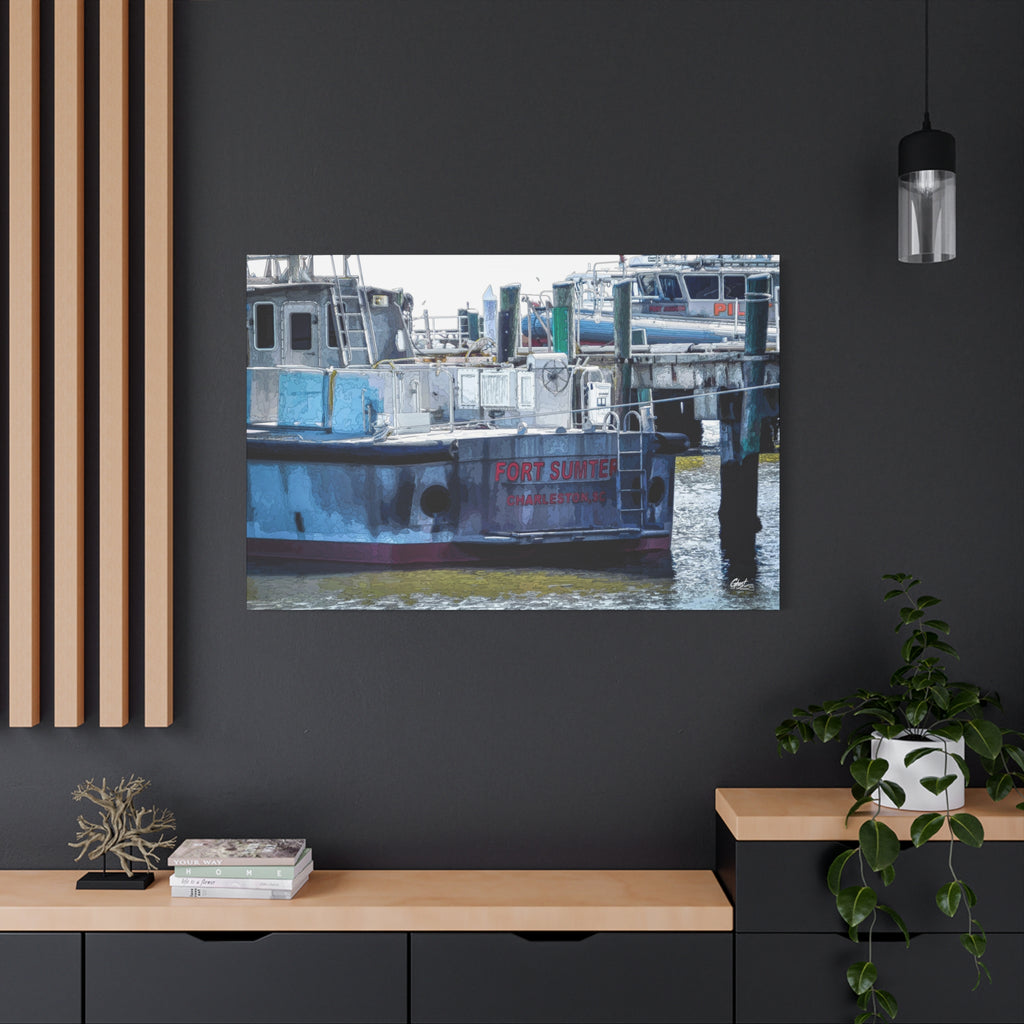Fort Sumter Enhanced large canvas on a charcoal wall over an oak shelf, weathered harbor boat with hand-drawn reflections