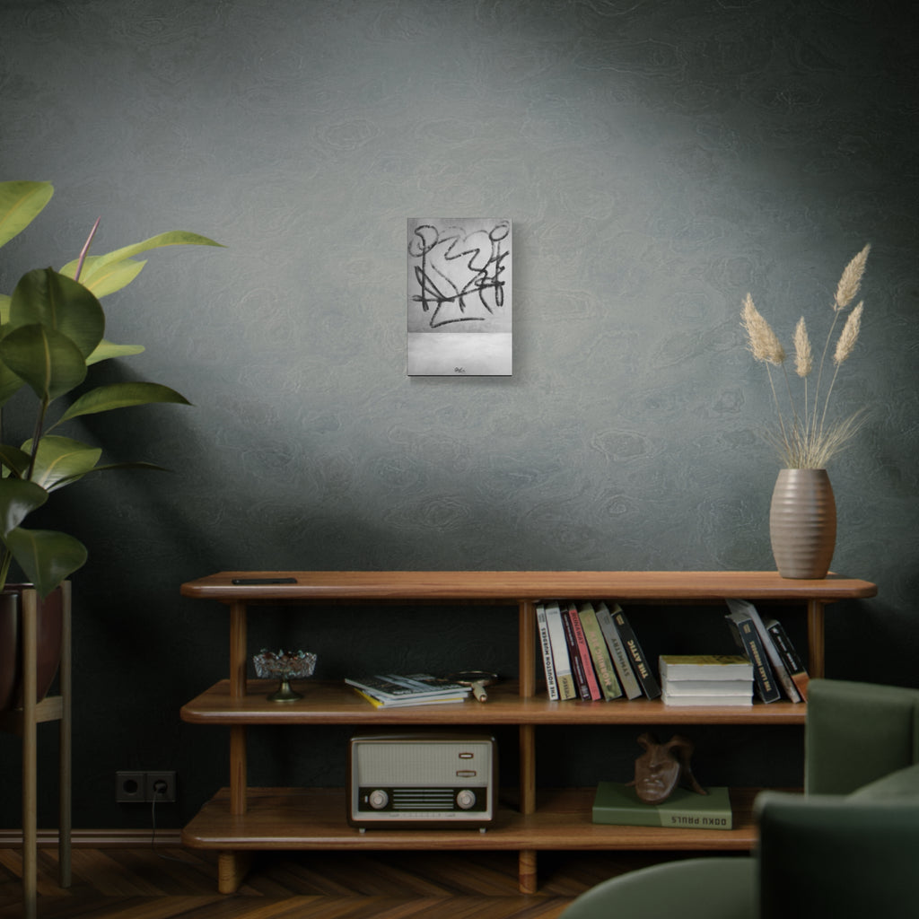 Heartbreak small canvas on a green-gray wall over bookshelves, minimal black-and-white abstract line art