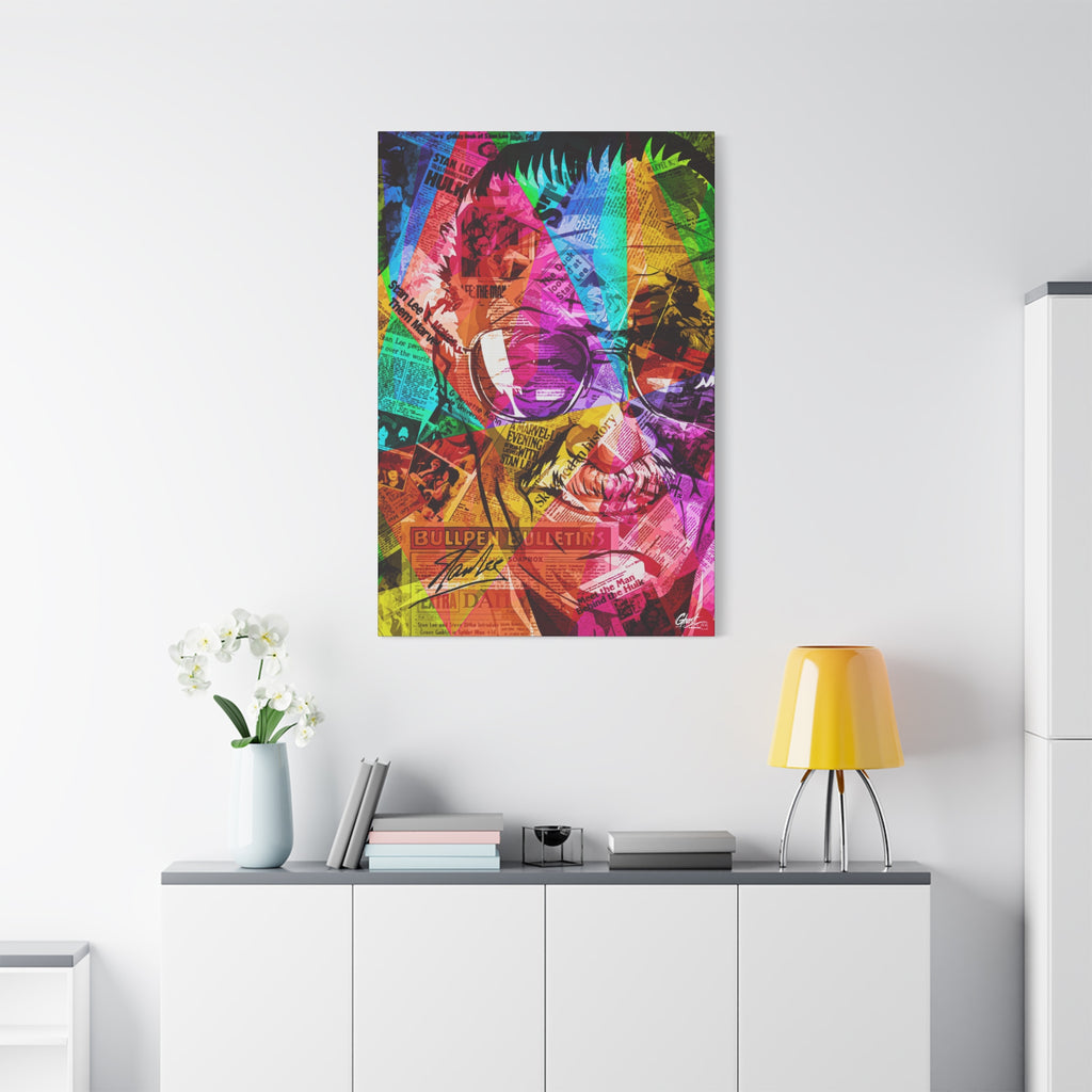 The Man the Myth the Legend large canvas above a white sideboard and yellow lamp, neon-banded collage portrait
