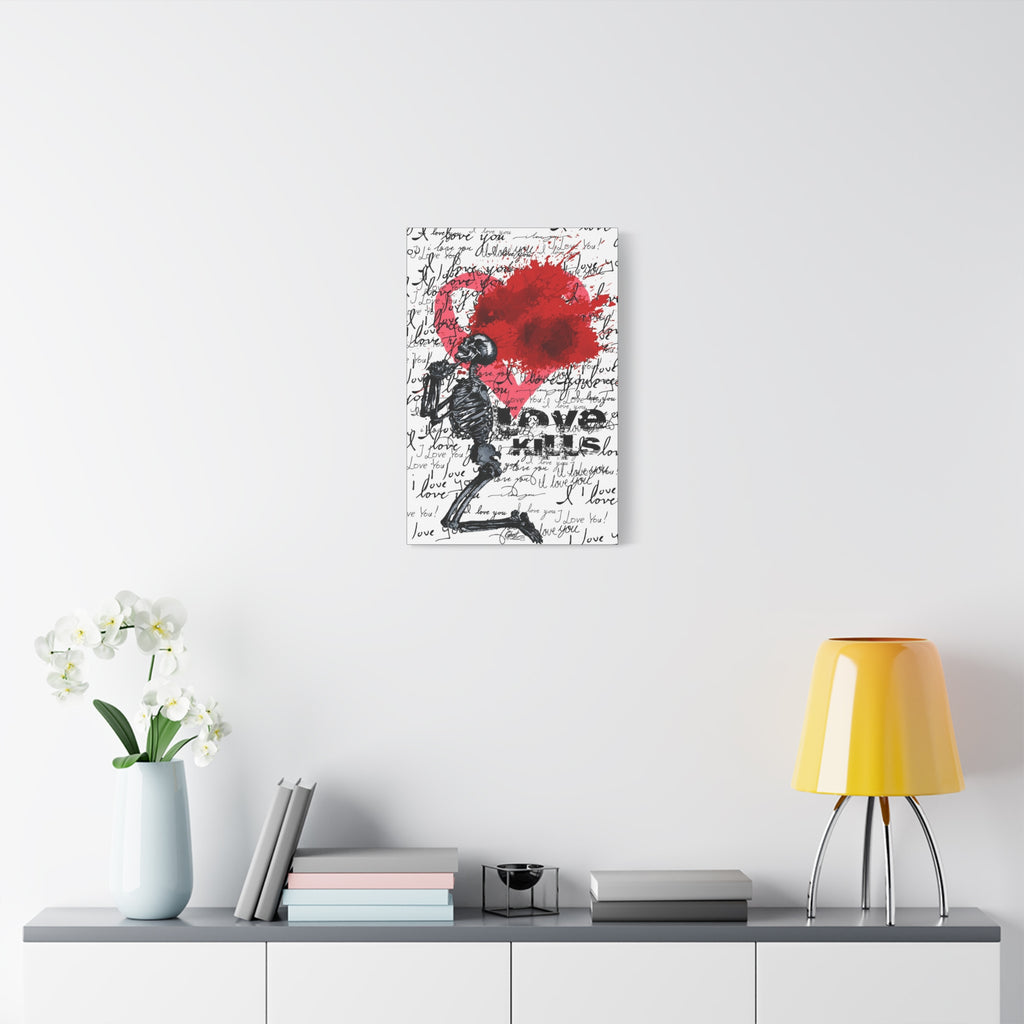 Love Kills small canvas over a console with white flowers, kneeling skeleton before a burst pink and crimson heart